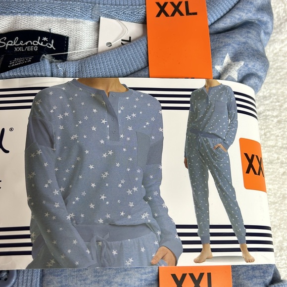 Splendid 2 Piece Pajama Set Loungewear blue white stars Joggers Crew. SZ XXL.NWT - Picture 2 of 9